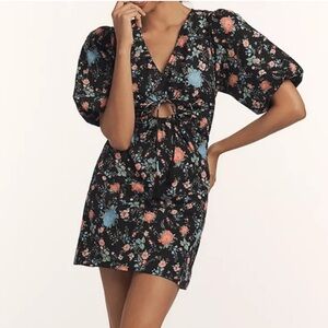 Anthropologie Maeve Black Floral Puff Sleeve Mini Dress